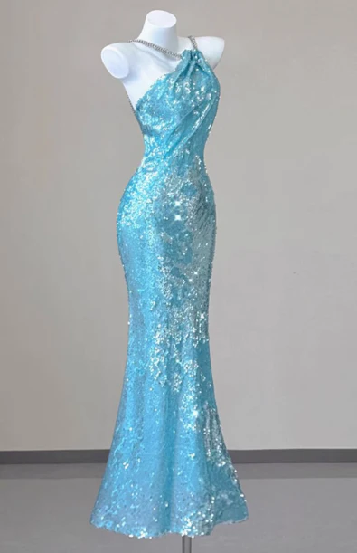 Sparkly Sequin Halter Blue Mermaid Evening Gowns Elegant Open Back Prom Dresses DH2710 - Deanwangkt