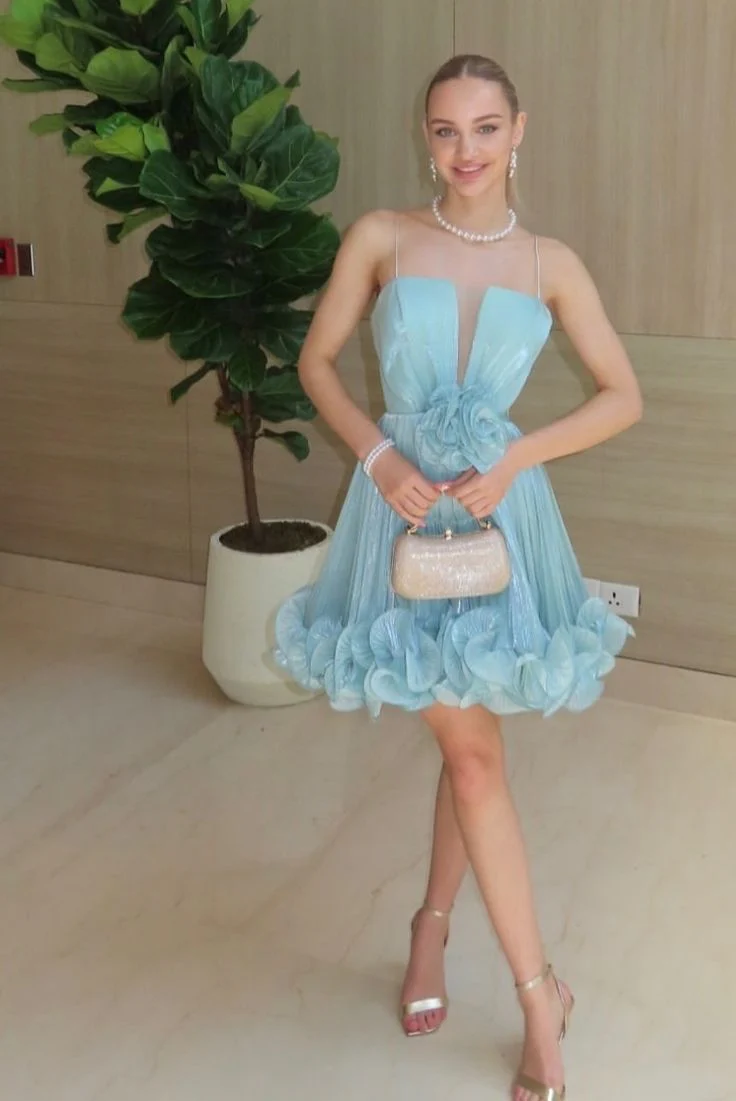 Cute Ball Gown Spaghetti Straps Light Sky Blue Satin Short Formal 8th Grade Homecoming Dresses Middle School Cocktail Dress Hoco Outfits DH2600 - Deanwangkt