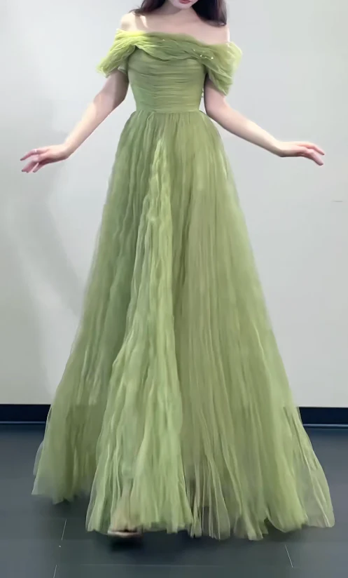 Cute Off-the-shoulder A-Line Green Long Prom Dresses Tulle Green Birthday Dresses Sweet 16 Dress DP3769 - Deanwangkt