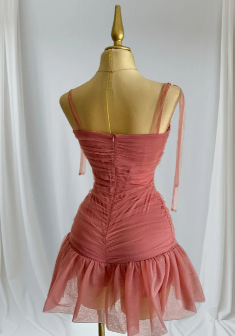 Cute Strap Sheath Short Party Dress Tulle Red Homecoming Dress DP2954 - Deanwangkt