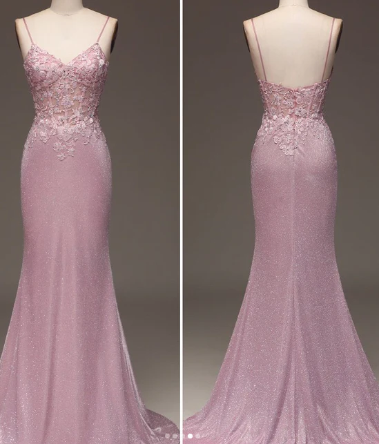 Classy Glitter Blush Mermaid Spaghetti Straps Long Prom Dress With Beading Graduation Dresses DP511 - Deanwangkt