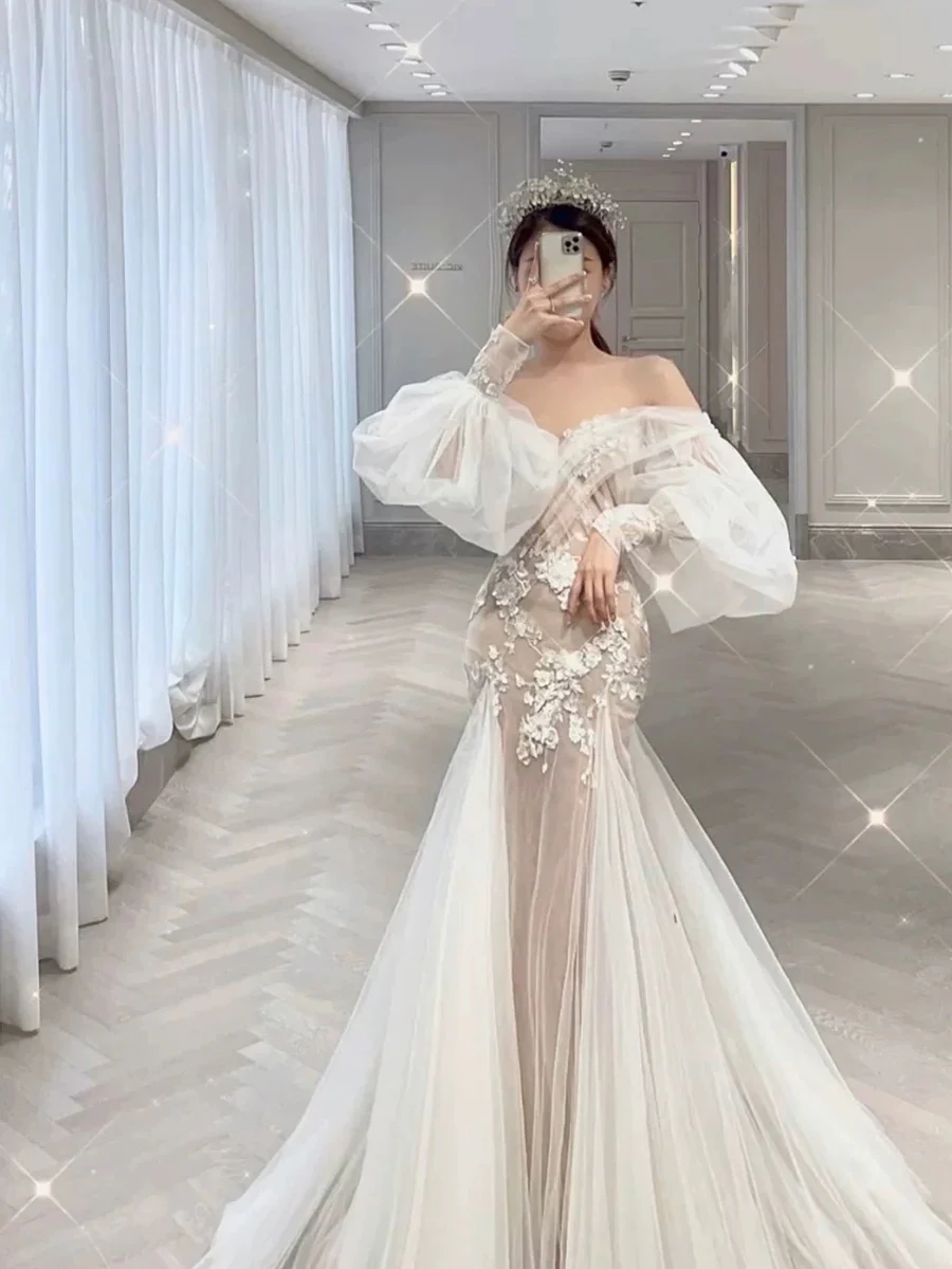 Elegant Mermaid Off The Shoulder White Lace Long Sleeves Wedding Dresses Brides Dress H2901 - Deanwangkt