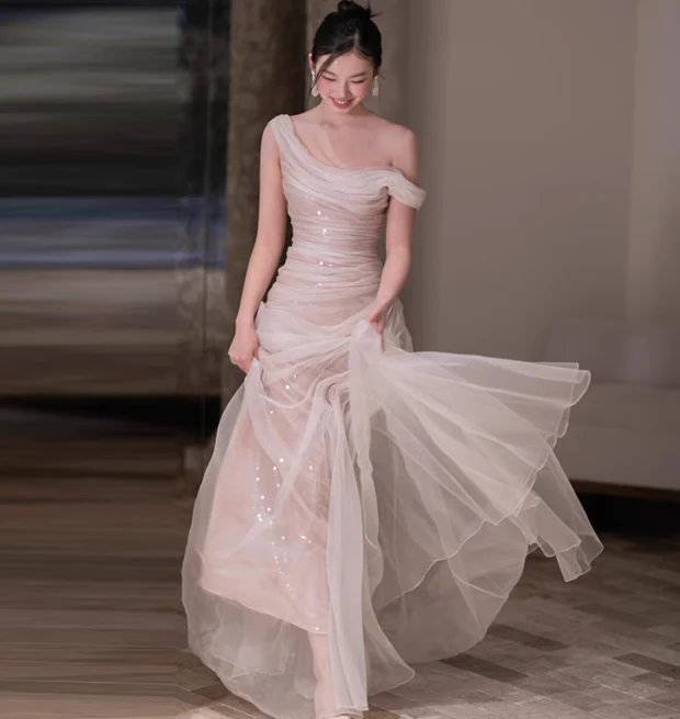 Elegant Sheath Off-the-shoulder Evening Gown Tulle Modest Formal Dress Long Prom Dresses DP2791 - Deanwangkt