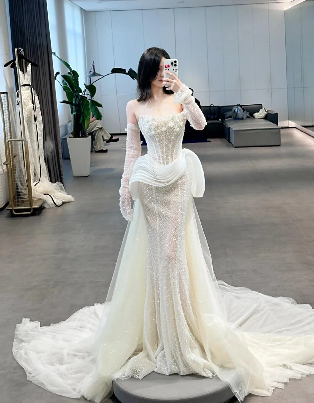 Modest Strapless Sheath Bridal Gown Glam Tulle Beaded Train Wedding Dress DP2861 - Deanwangkt