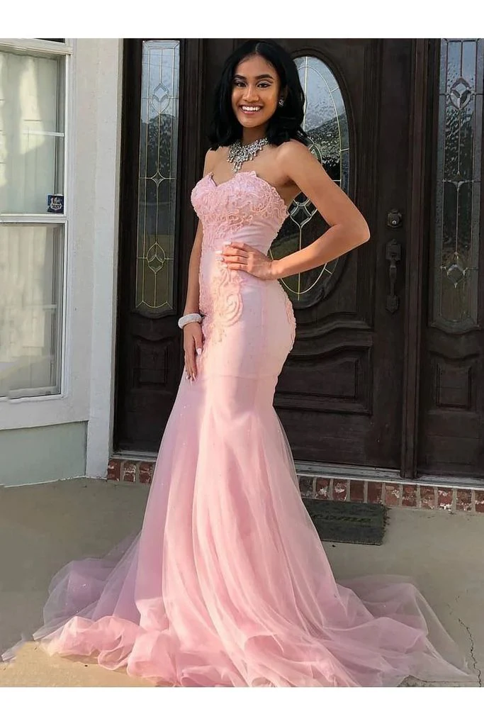 Classy Pink Sweetheart Sleeveless Lace Mermaid Prom Dresses with Train Evening Dresses Graduation Dress DP476 - Deanwangkt