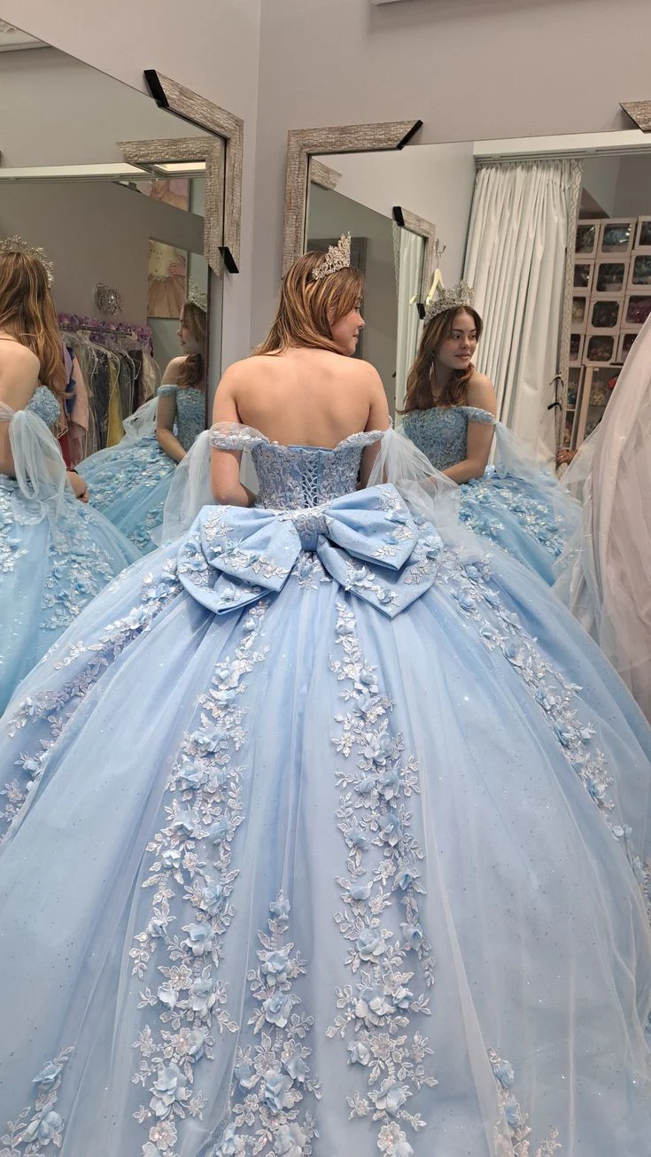 Gorgeous Blue Applique Ball Gowns Formal Dresses Tulle Off-the-shoulder Long Quinceanera Dress Sweet 16 Dress DH2695 - Deanwangkt