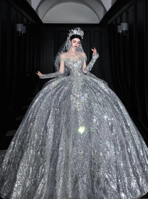 Luxury Off-the-shoulder Ball Gown Beaded Long Wedding Dresses Tulle Silver Bridal Dresses Sleeveless Bridal Gowns DP3698 - Deanwangkt