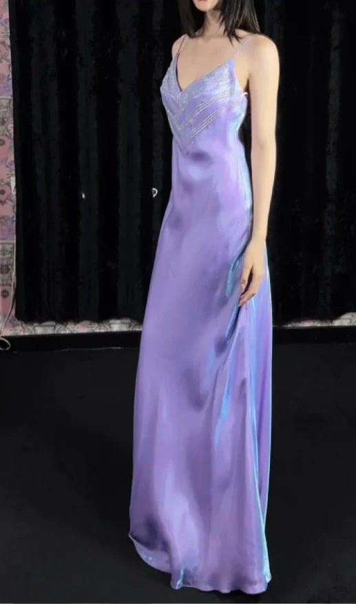 Vintage Spaghetti Straps Sheath Purple Long Prom Dresses, Sleeveless Satin Purple Evening Dresses DP3963 - Deanwangkt