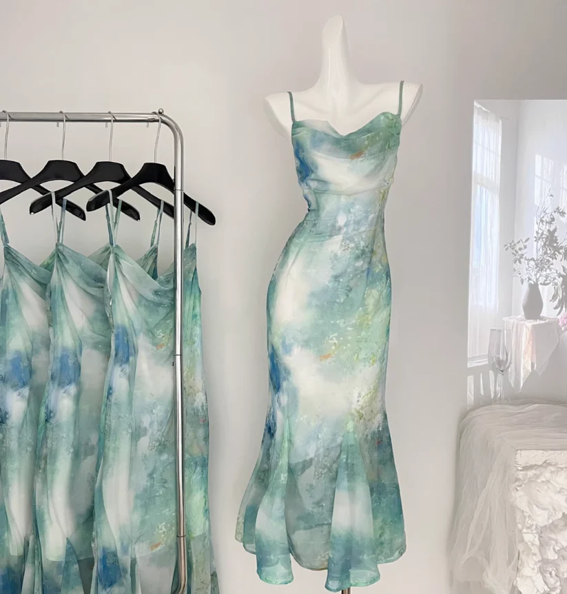 Cute Mermaid Spaghetti Straps Green Long Summer Dress For Women DP0016 - Deanwangkt