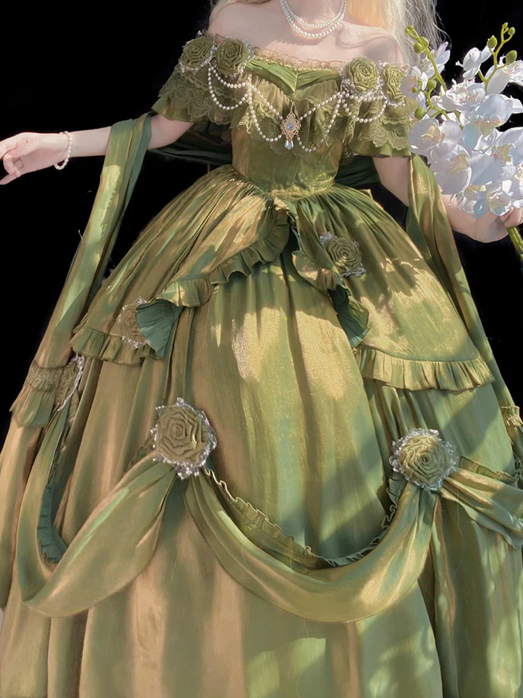 Vintage Ball Gown Off The Shoulder Green 22th Birthday Dress Lolita Dress Long Lolita Outfits DH2438 - Deanwangkt