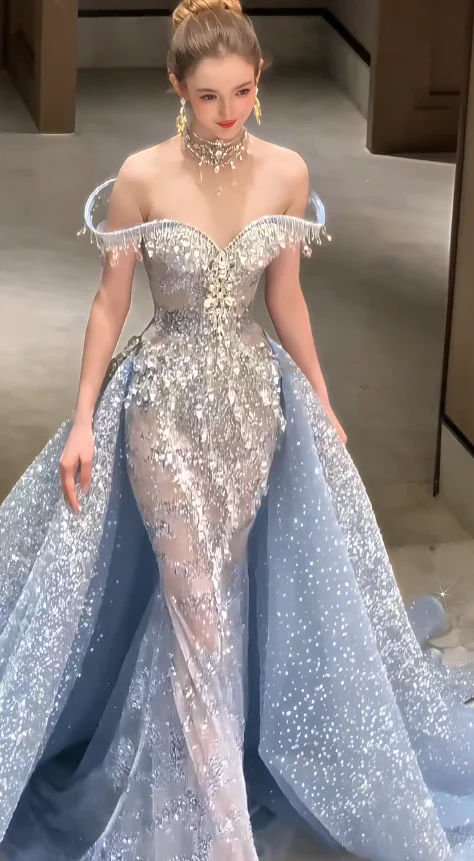 Elegant Mermaid Evening Dresses, Off-the-shoulder Tulle Beaded Long Formal Dresses DP2998 - Deanwangkt