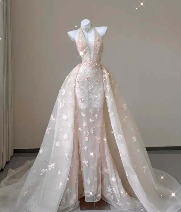 Classy Mermaid Halter Pink Lace Sleeveless Evening Dress Long Prom Dresses P0013 - Deanwangkt