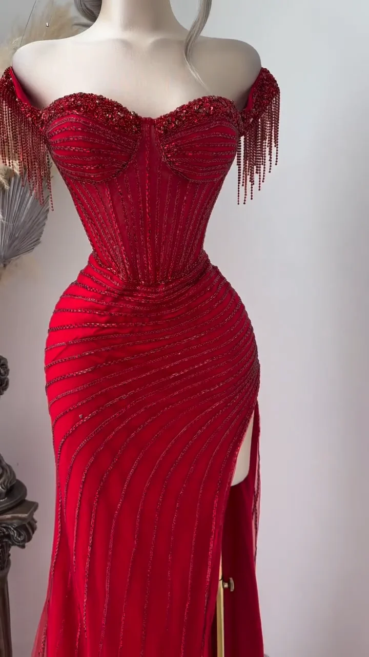 Elegant Sheath Burgundy Long Prom Dresses Off-the-shoulder Beaded Tulle Burgundy Evening Dresses DP3909 - Deanwangkt