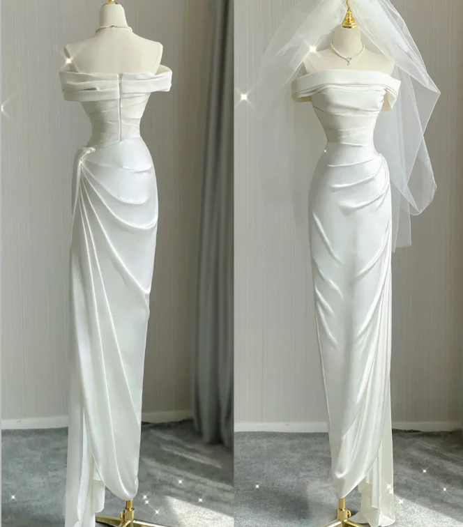Simple Sheath Off The Shoulder Satin White Wedding Dresses Summer Brides Dress DP424 - Deanwangkt