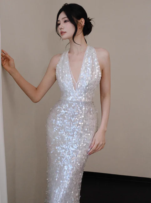 Sexy V neck Mermaid Long Prom Dresses Sequin White Evening Dresses DP3315 - Deanwangkt