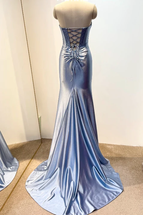 Elegant Strapless Sheath Grey Blue Long Prom Dresses Satin Grey Blue Evening Dresses DP3871 - Deanwangkt