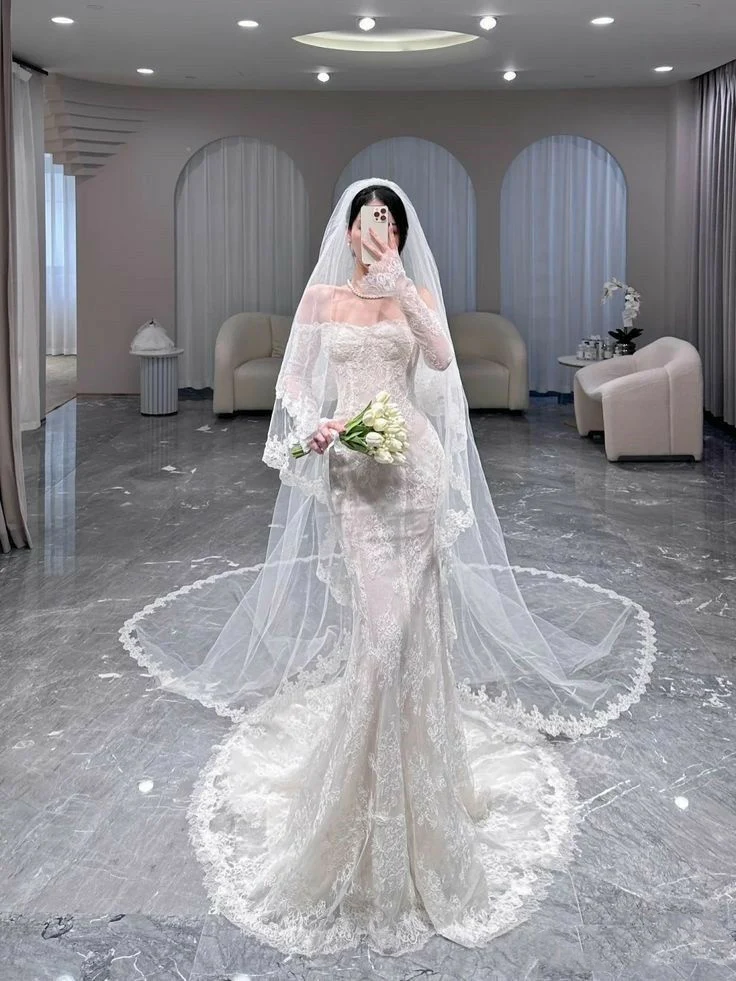 Romantic Wedding Gown Bridal Dress Mermaid Off The Shoulder Wedding Dress White Lace Wedding Dresses Modest Wedding Gowns DH1770 - Deanwangkt