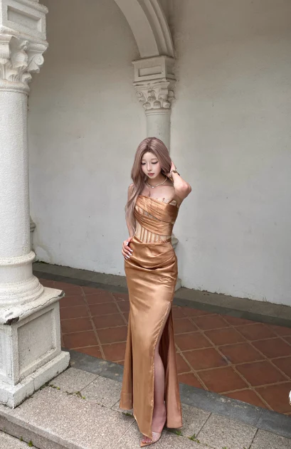 Elegant Strapless Sheath Satin Long Prom Dress Brown Formal Evening Dress DP2957 - Deanwangkt