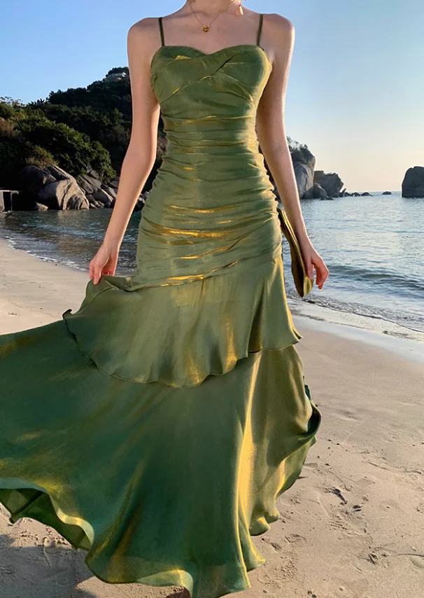 Pretty Mermaid Spaghetti Straps Sleeveless Green Prom Gown Long Evening Dress Prom Dresses DP235 - Deanwangkt
