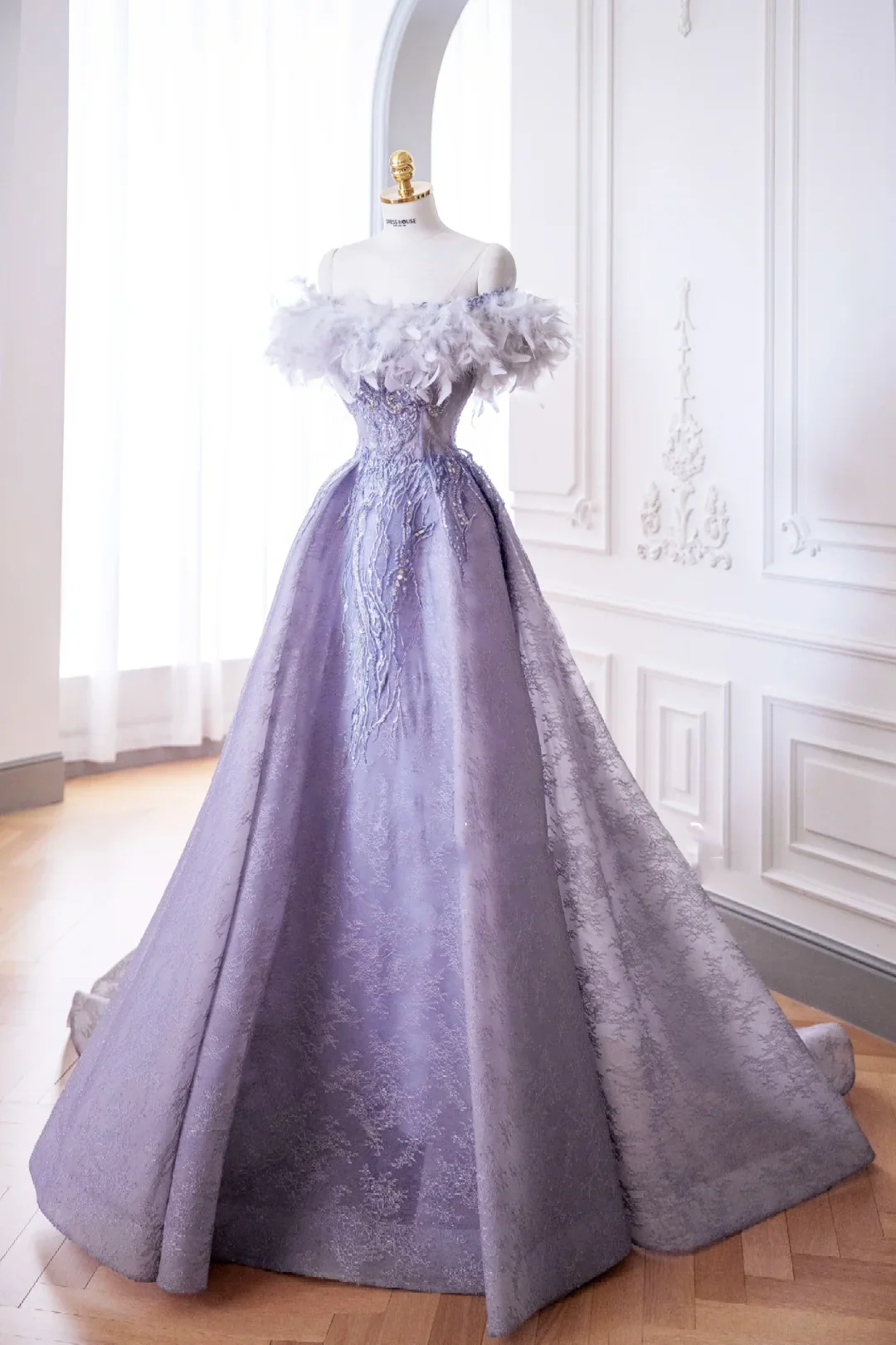 Elegant Glamour Ball Gown Off The Shoulder Lilac Feathers Prom Dress Party Dress Evening Dresses DP888 - Deanwangkt