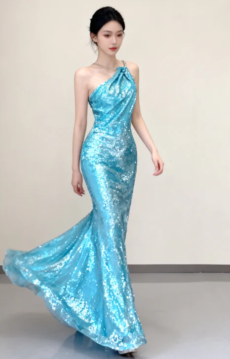 Classy Mermaid Spaghetti Straps Blue Sequin Evening Dress Long Prom Dresses P0005 - Deanwangkt