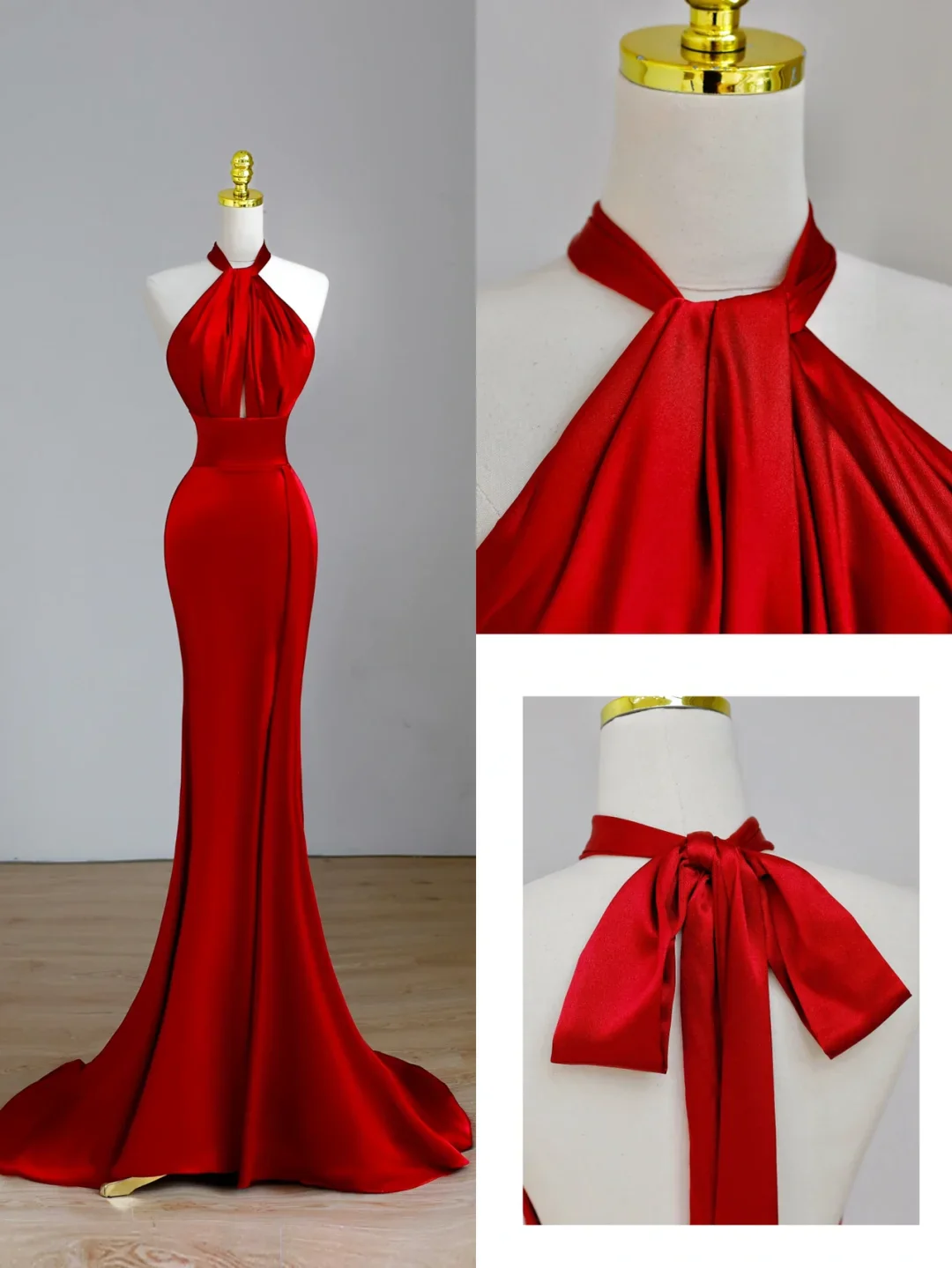 Elegant Glamour Mermaid Halter Red Satin Prom Dress Party Dress Long Evening Dresses DP1546 - Deanwangkt