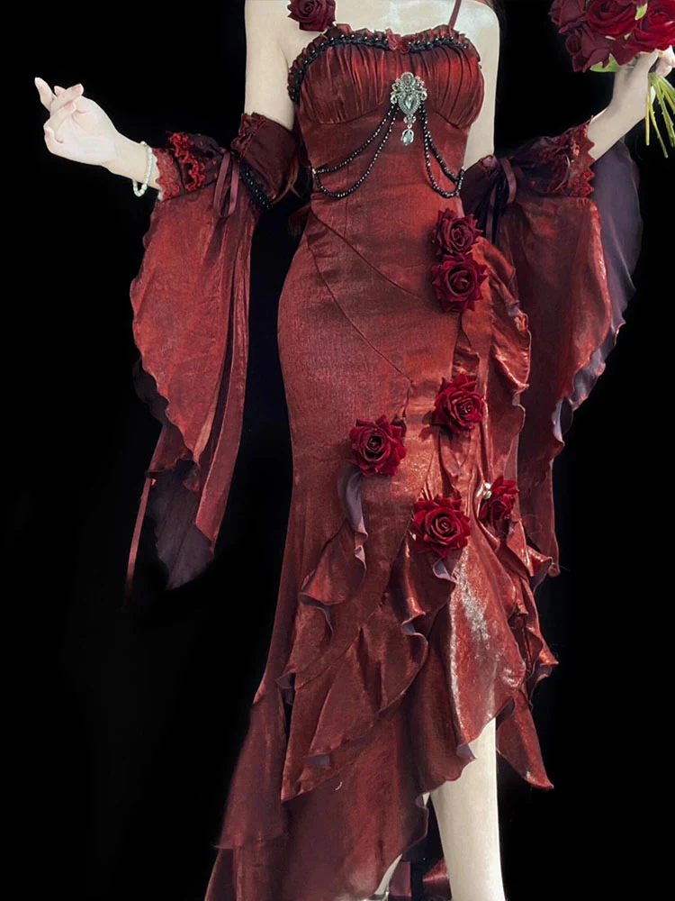 Vintage Mermaid Spaghetti Straps Burgundy Summer 18th Wine Red With Sleeves Birthday Dress Lolita Dress Birthday Outfits W1123 - Deanwangkt