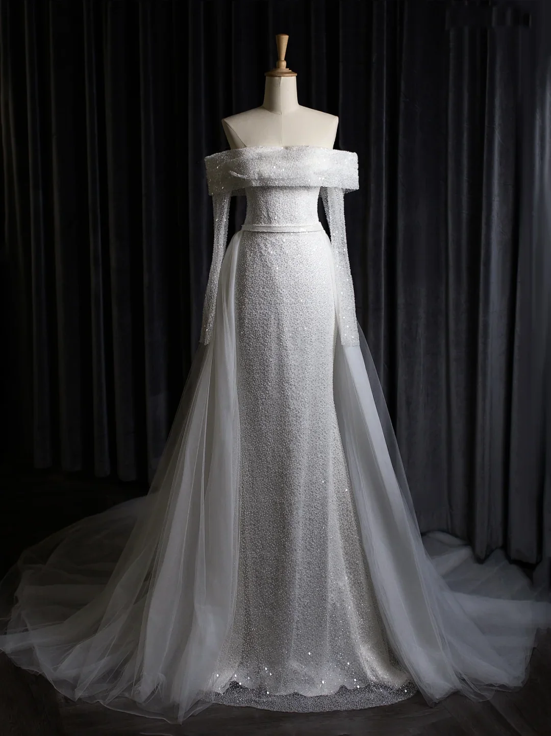 Vintage Wedding Dress Mermaid Off The Shoulder White Long Sleeves Sequin Long Wedding Dresses Bridal Gowns Brides Gown DH403 - Deanwangkt