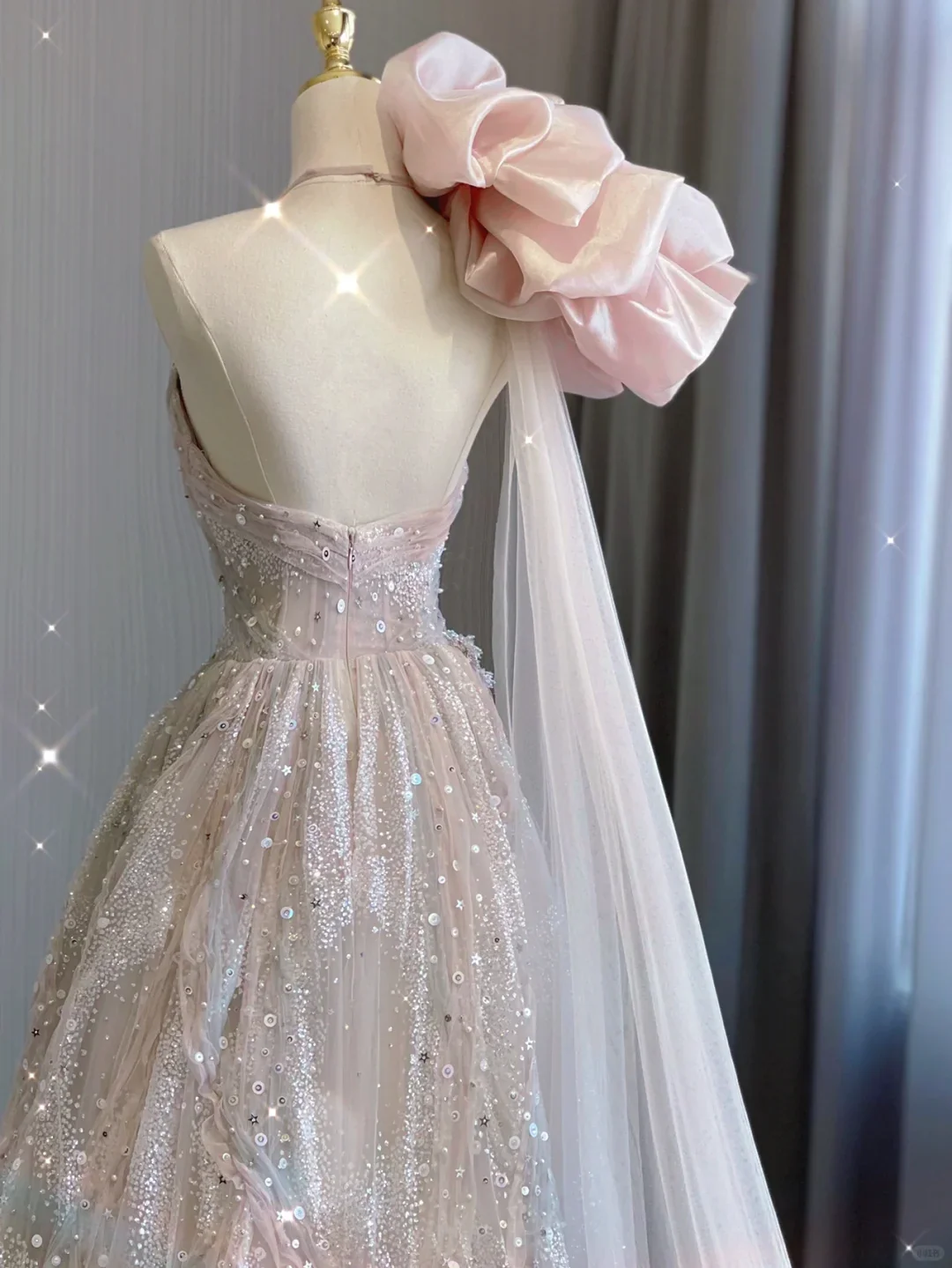 Classy Ball Gown One Shoulder Pink Sequin Evening Dress Long Prom Dresses P0020 - Deanwangkt