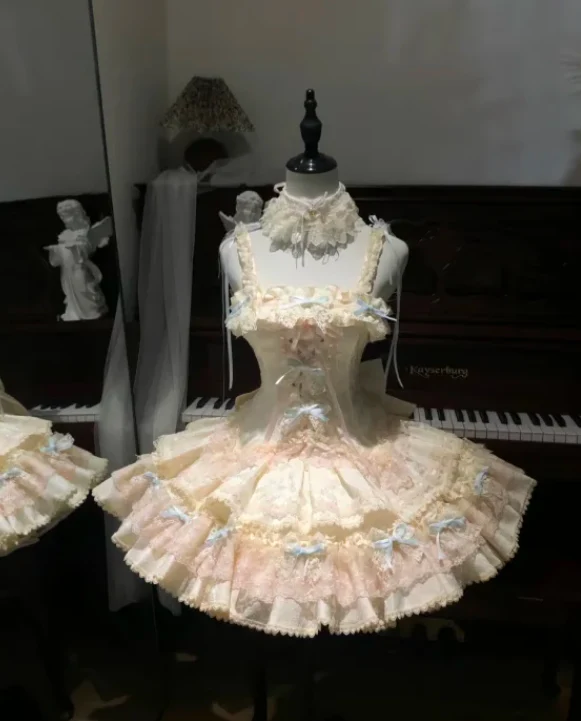 Cute Square Neck Ball Gown Lace Short Birthday Dresses Light Yellow Lolita Dresses DP3121 - Deanwangkt