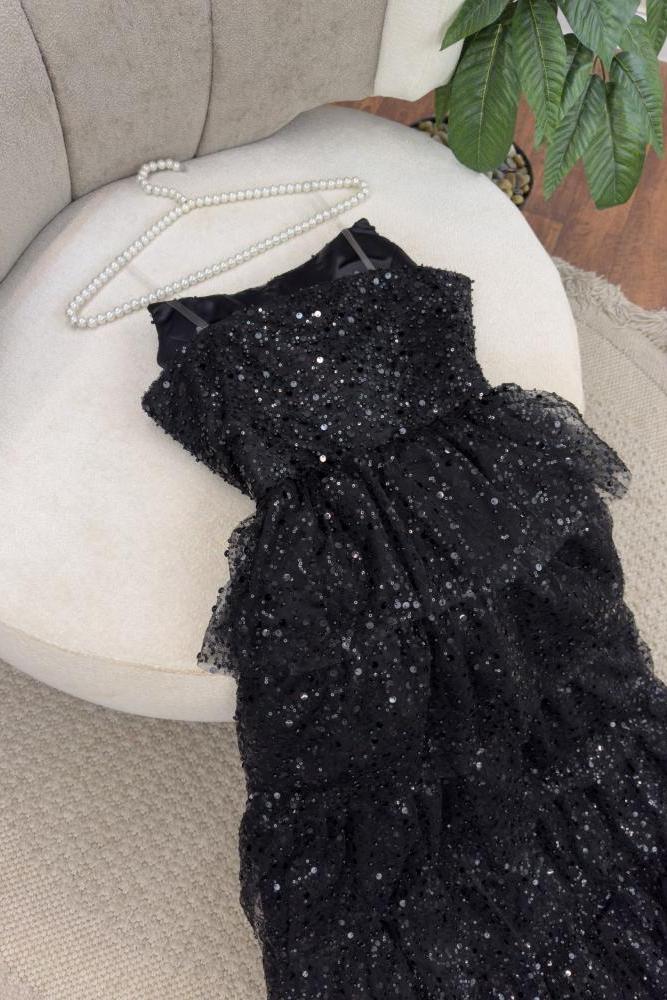 Sparkly Stunning Black Sequined Sleeveless Strapless Long Prom Dress with Split DP291 - Deanwangkt