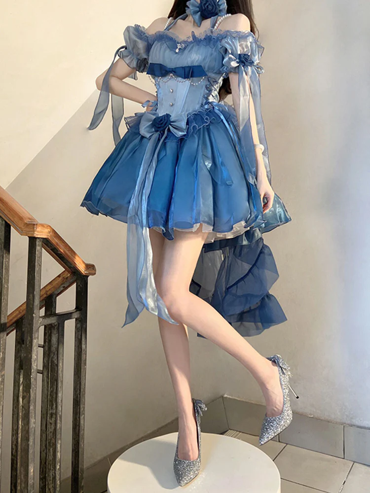 Vintage High Low Off The Shoulder Short Sleeves 16th Blue Birthday Dress Lolita Summer Dress Birthday Outfits W1010 - Deanwangkt