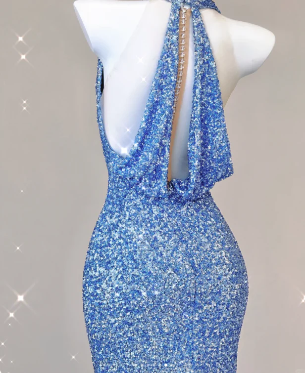 Classy Mermaid Halter V Neckline Blue Sequin Evening Dress Long Prom Dresses P0016 - Deanwangkt