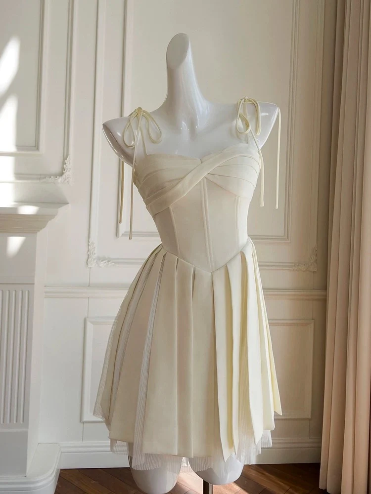 Cute A line Spaghetti Straps Yellow Satin Formal Short 8th Grade Homecoming Dress Summer Middle School Hoco Dresses Birthday Outfits W974 - Deanwangkt