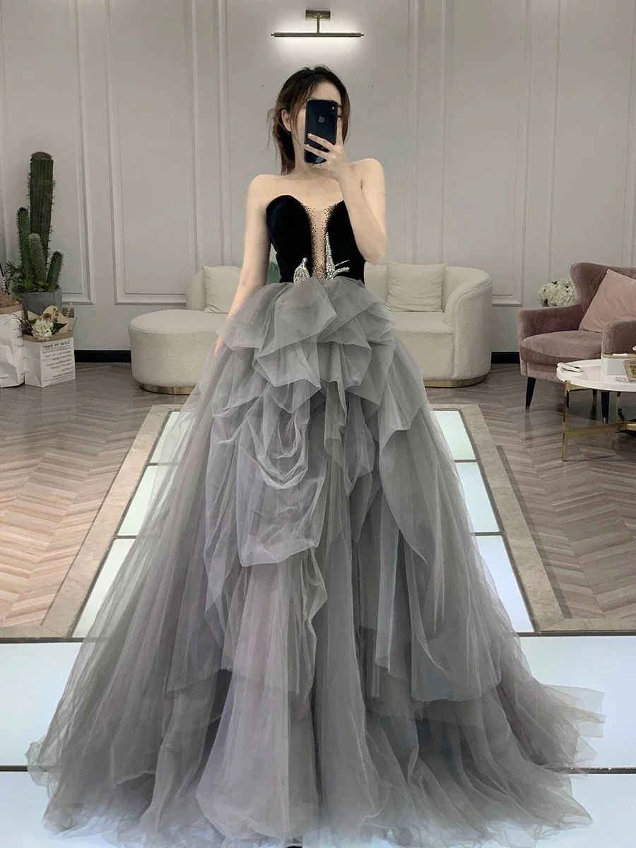 Classy Ball Gown Sweetheart Tulle Gray Evening Dress Long Prom Dresses H2865 - Deanwangkt