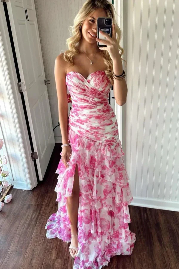 Simple Mermaid Strapless Floral Printed Chiffon Prom Dress with Slit Graduation Dresses DP524 - Deanwangkt