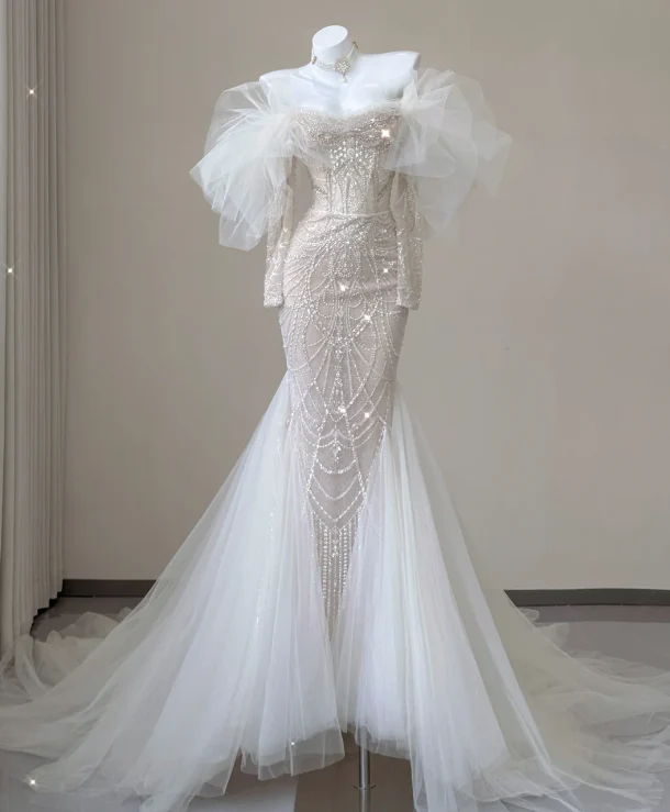 Elegant Mermaid Off The Shoulder Sequin Long Sleeves Wedding Dresses Brides Dress P0008 - Deanwangkt