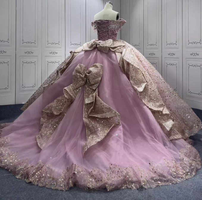 Gorgeous Rose Gold Off-the-shoulder Tulle Long Ball Gown Sparkly Sweet16th Birthday Dress Cute Beaded Sequins Quinceanera Dress DH2734 - Deanwangkt