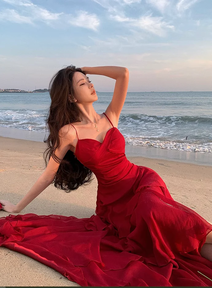 Modest Mermaid Spaghetti Straps Sleeveless Red Long Evening Dress Prom Dresses DP236 - Deanwangkt