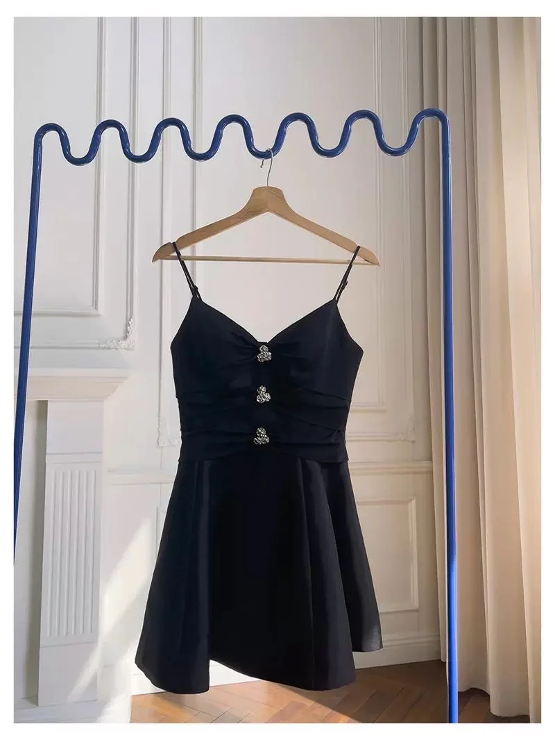 Trendy A Line Spaghetti Straps Black Satin Formal Short 8th Grade Homecoming Dress Summer Middle School Hoco Dresses Birthday Outfits W929 - Deanwangkt