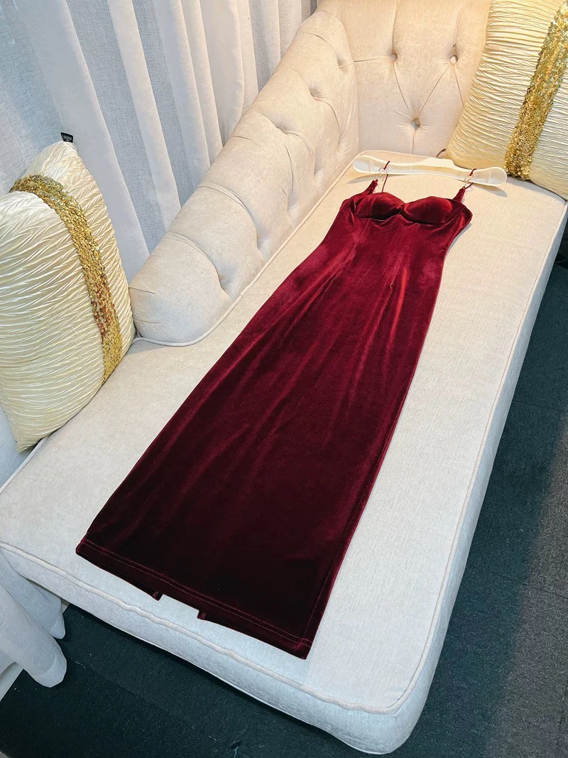 Elegant Sheath Spaghetti Straps Burgundy Velvet Sleeveless Long Evening Party Gowns Evening Formal Dresses Prom Dress W950 - Deanwangkt