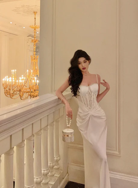 Pretty Mermaid Spaghetti Straps White 18th Birthday Dress Long Party Birthday Outfits For Women DP0166 - Deanwangkt