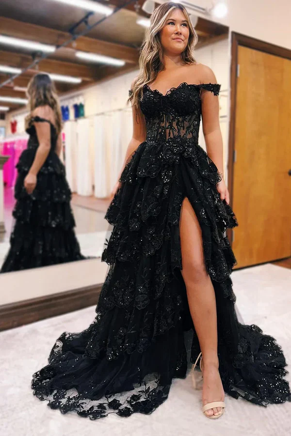 Pretty Off the Shoulder Black Tulle Appliques Off-the-Shoulder Ruffle Long Prom Dress Graduation Dress DP517 - Deanwangkt