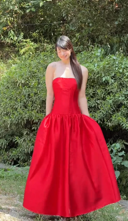 Elegant Strapless Ball Gown Satin Long Prom Dresses Sleeveless Evening Gown Red Formal Dresses DP3251 - Deanwangkt