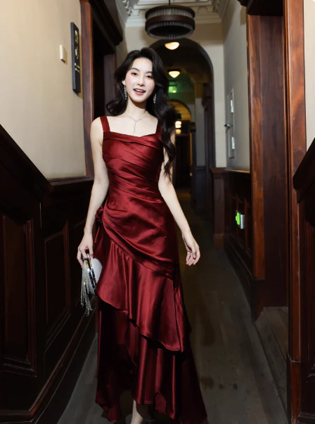 Gorgeous Sheath Long Prom Dresses Satin Sleeveless Formal Dresses Ruffle Burgundy Birthday Dresses DP3258 - Deanwangkt