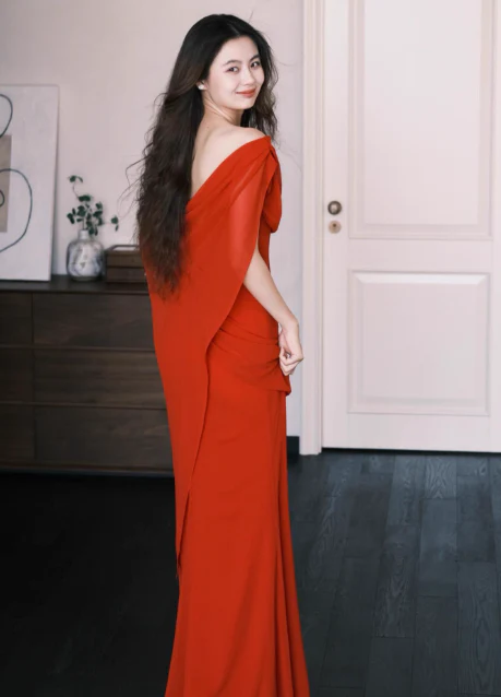 Elegant Off-shoulder Mermaid Chiffon Long Prom Dresses，Red  Formal Evening Gowns DP3069 - Deanwangkt