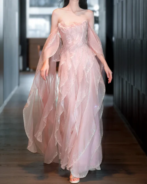 Sweet Strapless Sheath Long Prom Dresses Tulle Pink Evening Dresses DP3694 - Deanwangkt