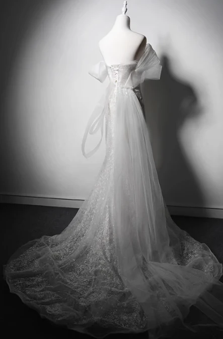 Elegant White Mermaid Evening Gowns Off-the-shoulder Tulle Long Prom Dress Modest Sleeveless Formal Dress DH2747 - Deanwangkt