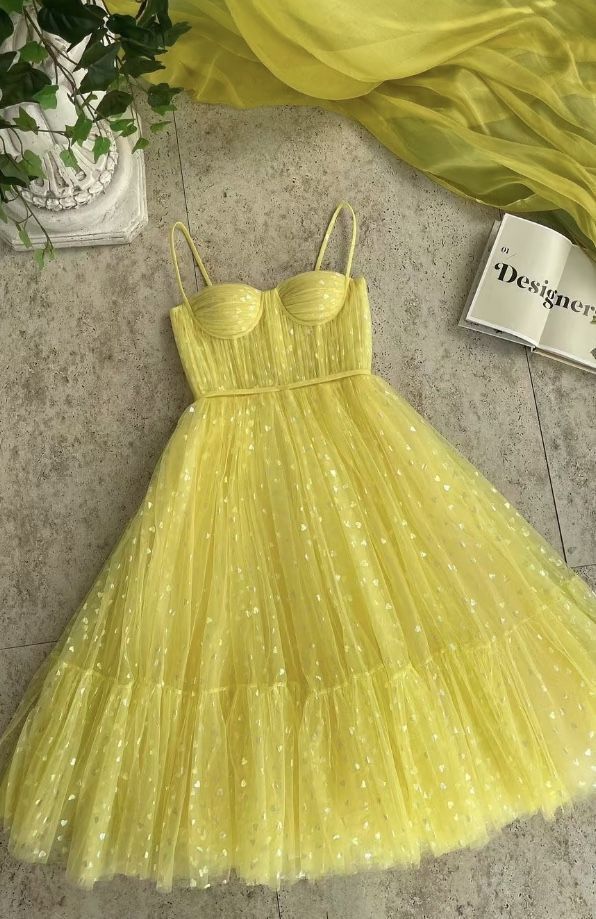Cute A Line Spaghetti Straps Yellow Tulle Formal 8th Grade Homecoming Dresses Middle School Cocktail Dress Hoco Outfits DH2565 - Deanwangkt