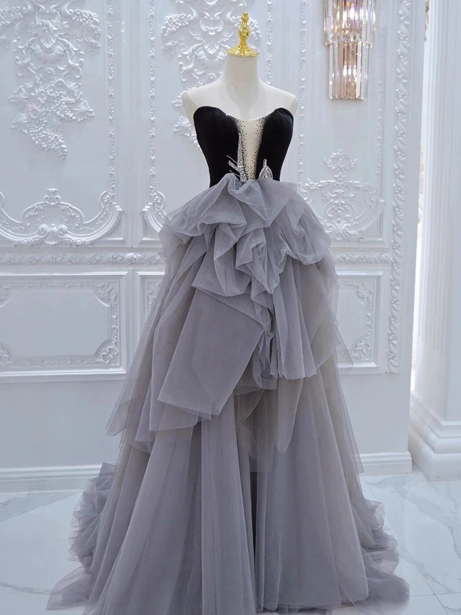 Classy Ball Gown Sweetheart Tulle Gray Evening Dress Long Prom Dresses H2865 - Deanwangkt